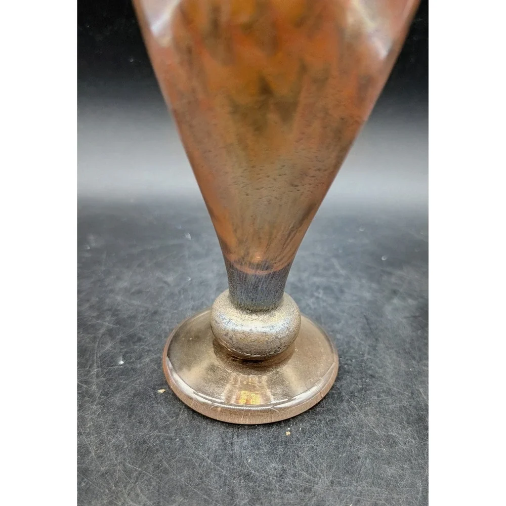 Artisan Hand Blown Amber Orange Swirl Art Glass Trumpet Vase Iridescent Signed